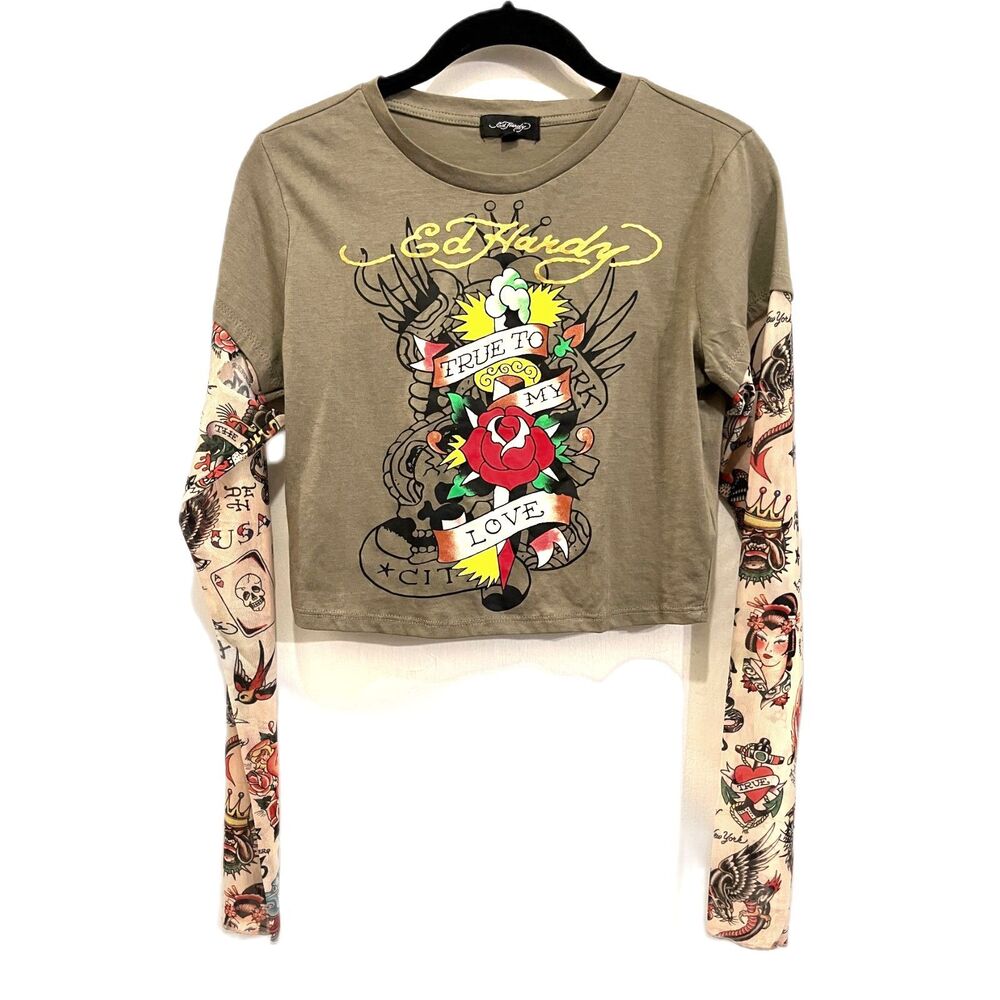 Ed Hardy Y2K 90s Tattoo Sleeve Crop Tee Shirt Top  Women's Size Medium - Picture 2 of 10